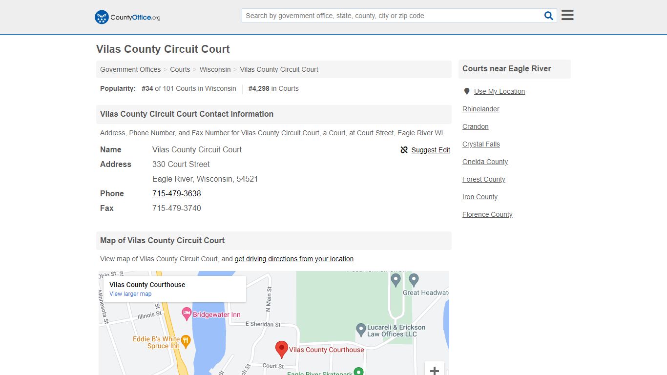 Vilas County Circuit Court - Eagle River, WI (Address, Phone, and Fax)