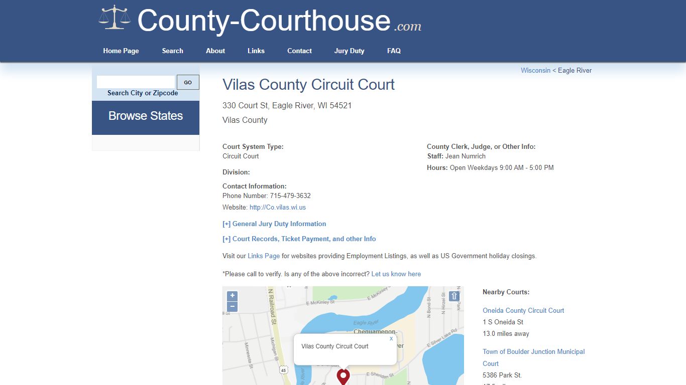 Vilas County Circuit Court in Eagle River, WI - Court Information